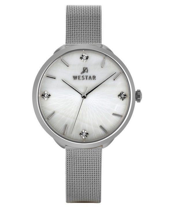 Westar Zing Crystal Accents Stainless Steel Mesh White Mother Of Pearl Dial Quartz 00128STN11 Women's Watch