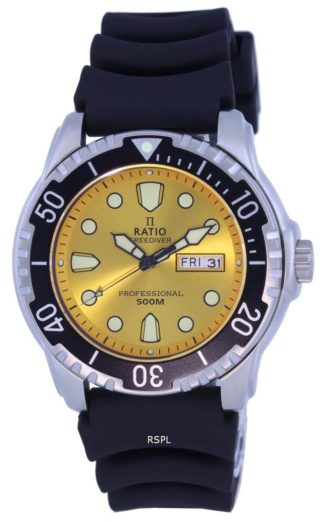 Ratio FreeDiver Yellow Dial PU Strap Quartz 48HA90-02-YLW 500M Mens Watch