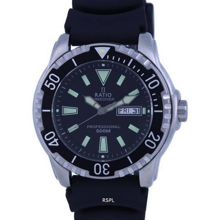 Ratio FreeDiver Black Dial PU Strap Quartz 48HA90-12-BLK 500M Mens Watch