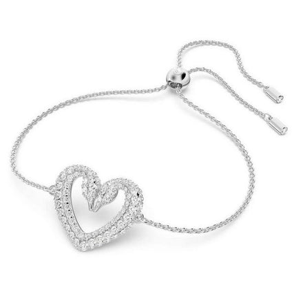 Swarovski Una Rhodium Plated Swan Neck Heart Bracelet With Clear Crystal 5625534 For Women