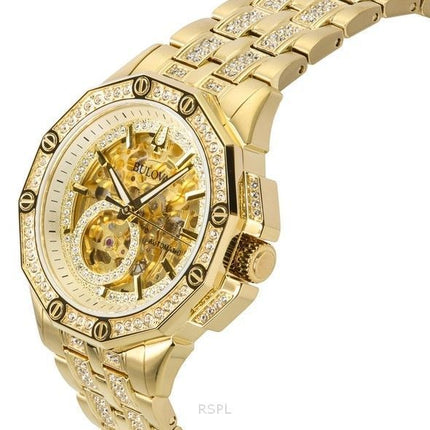 Bulova Octava Crystal Accents Stainless Steel Skeleton Gold Dial Automatic 98A292 Men's Watch