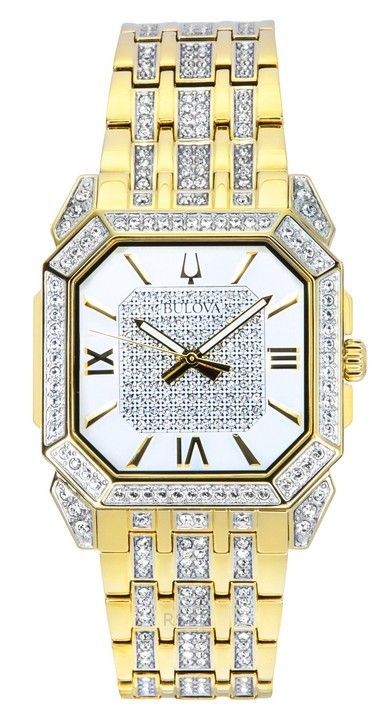 Bulova Octava Crystal Accents Gold Tone Stainless Steel Silver Dial Quartz 98A295 Mens Watch