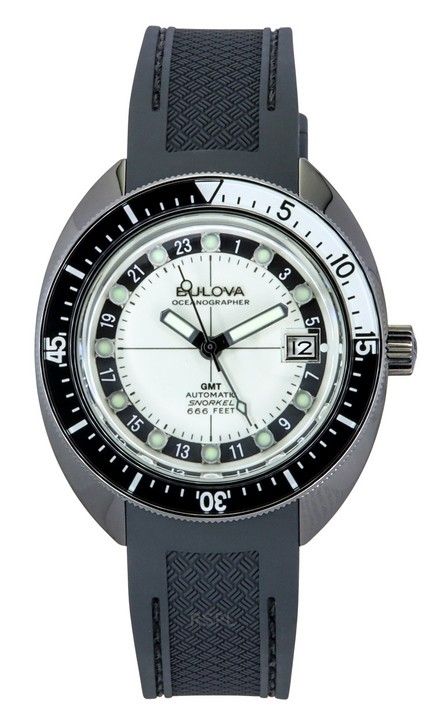 Bulova Oceanographer GMT PU Strap Full Lume White Dial Automatic Devil Divers 98B407 200M Mens Watch