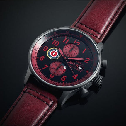 AVI-8 Hawker Hurricane Classic Chronograph Blood Red Leather Strap Black Dial Quartz AV-4011-0S Men's Watch