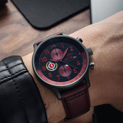 AVI-8 Hawker Hurricane Classic Chronograph Blood Red Leather Strap Black Dial Quartz AV-4011-0S Men's Watch