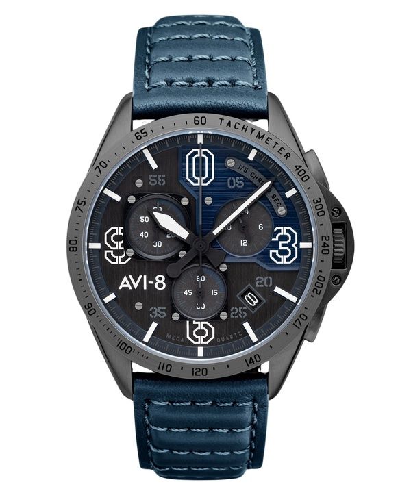 AVI-8 P-51 Mustang Blakeslee Chronograph Air Blue Leather Strap Grey And Blue Dial Quartz AV-4077-04 Men's Watch