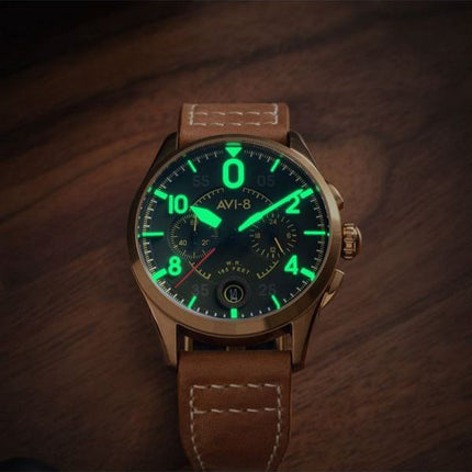 AVI-8 Spitfire Lock Chronograph Leather Strap Bronze Green Dial Quartz AV-4089-02 Mens Watch