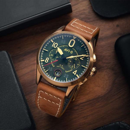 AVI-8 Spitfire Lock Chronograph Leather Strap Bronze Green Dial Quartz AV-4089-02 Mens Watch