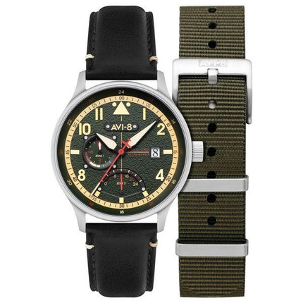 AVI-8 Hawker Hurricane Mckellar Dual Time Gothic Green Dial Quartz AV-4101-0A Mens Watch With Extra Strap