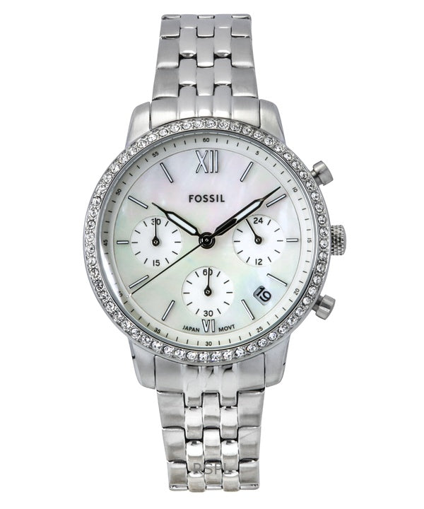 Fossil Neutra Chronograph Crystal Accents Stainless Steel White Mother Of Pearl Dial Quartz ES5357 Women's Watch