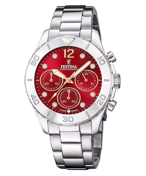 Festina Boyfriend Chronograph Stainless Steel Red Dial Quartz F20603-2 100M Women's Watch