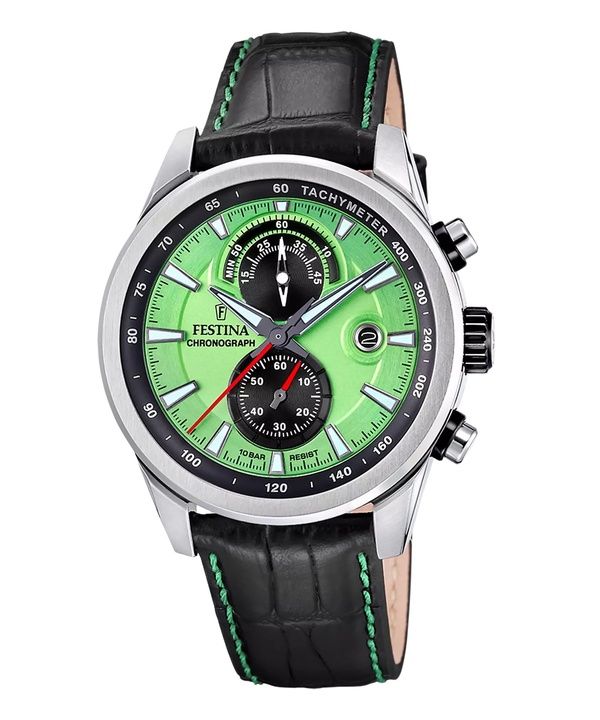 Festina Timeless Chronograph Leather Strap Green Dial Quartz F20695-3 100M Men's Watch