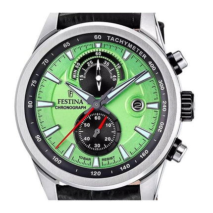 Festina Timeless Chronograph Leather Strap Green Dial Quartz F20695-3 100M Men's Watch