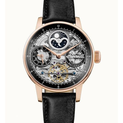 Ingersoll The Jazz Moon Phase Leather Strap Black Skeleton Dial Automatic I07705 Men's Watch