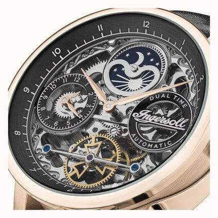 Ingersoll The Jazz Moon Phase Leather Strap Black Skeleton Dial Automatic I07705 Men's Watch