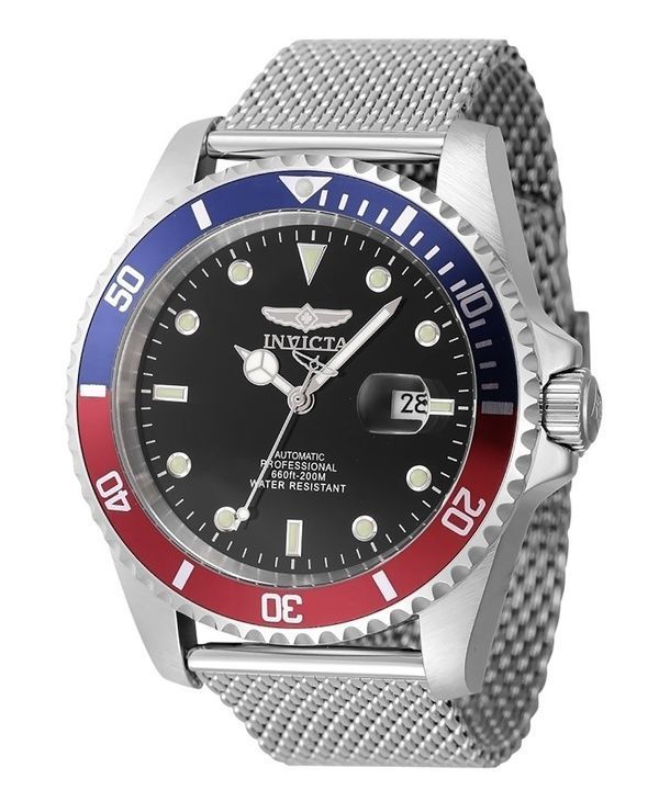 Invicta Pro Diver Stainless Steel Blue And Red Pepsi Bezel Black Dial Automatic Divers 47965 200M Mens Watch