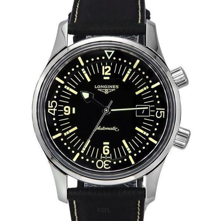 Longines Legend Diver Leather Strap Black Dial Automatic L3.774.4.50.0 300M Men's Watch