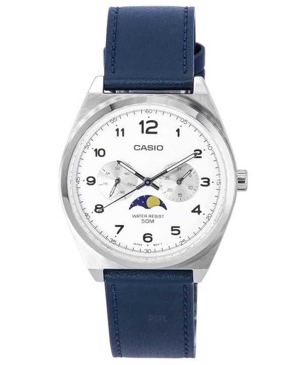 Casio Standard Analog Moon Phase White Dial Leather Strap Quartz MTP-M300L-7A MTPM300L-7 Men's Watch