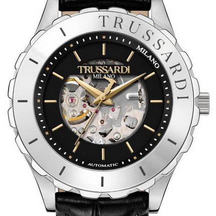 Trussardi T-Logo Semi Skeleton Black Dial Leather Strap Automatic R2421143002 Mens Watch