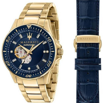 Maserati Sfida Limited Edition Diamond Accents Open Heart Blue Dial Automatic R8823140004 100M Men's Watch Gift Set