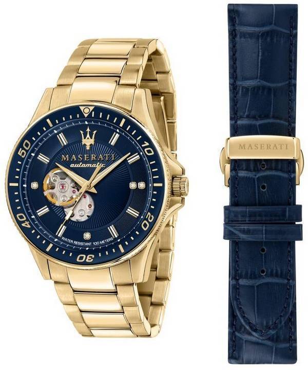 Maserati Sfida Limited Edition Diamond Accents Open Heart Blue Dial Automatic R8823140004 100M Men's Watch Gift Set