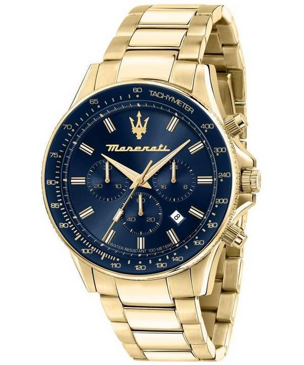 Maserati Sfida Chronograph Gold Tone Stainless Steel Blue Dial Quartz R8873640008 100M Men's Watch