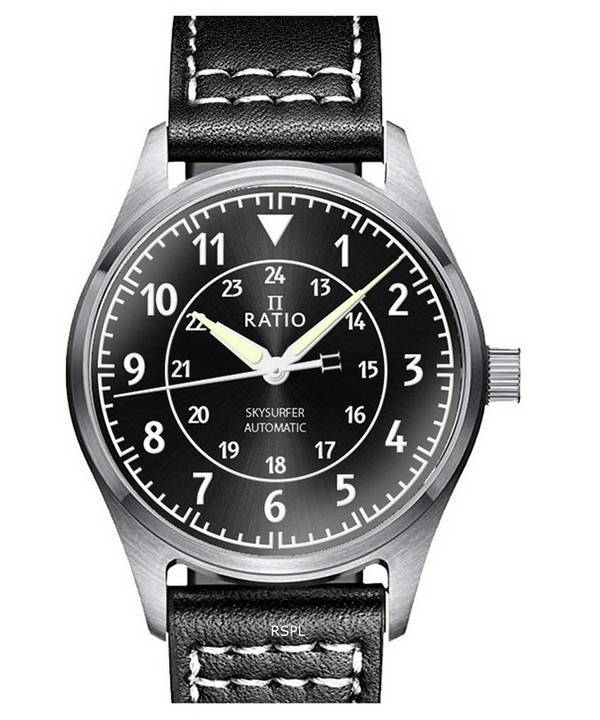 Ratio Skysurfer Pilot Black Sunray Dial Leather Automatic RTS314 200M Mens Watch