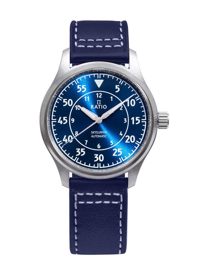 Ratio Skysurfer Pilot Blue Sunray Dial Leather Automatic RTS318 200M Mens Watch