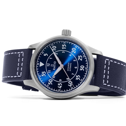 Ratio Skysurfer Pilot Blue Sunray Dial Leather Automatic RTS318 200M Mens Watch