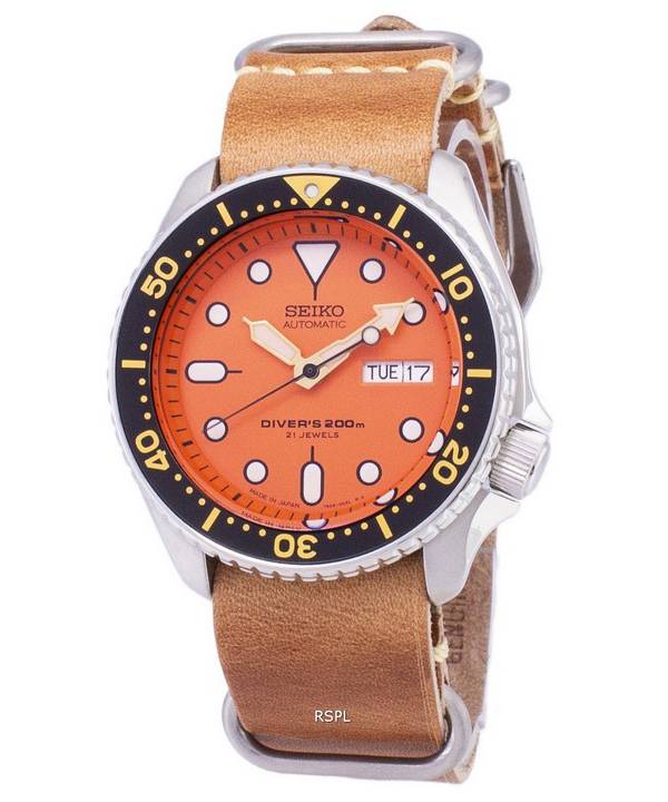 Seiko Automatic SKX011J1-LS18 Diver's 200M Japan Made Brown Leather Strap Men's Watch