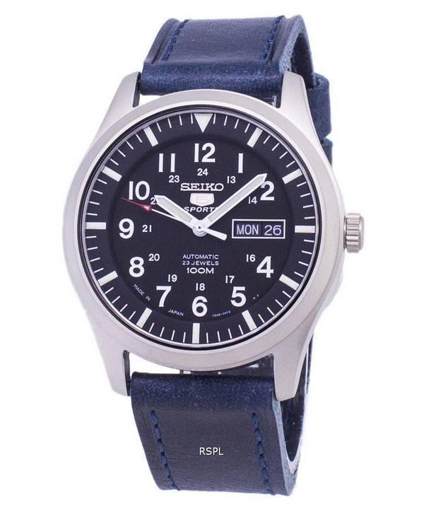 Seiko 5 Sports SNZG15J1-LS13 Japan Made Dark Blue Leather Strap Men's Watch