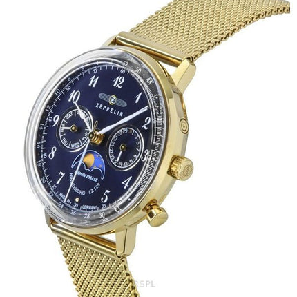 Zeppelin LZ 129 Hindenburg Moon Phase Gold Tone Stainless Steel Blue Dial Quartz 7039M2 Men's Watch