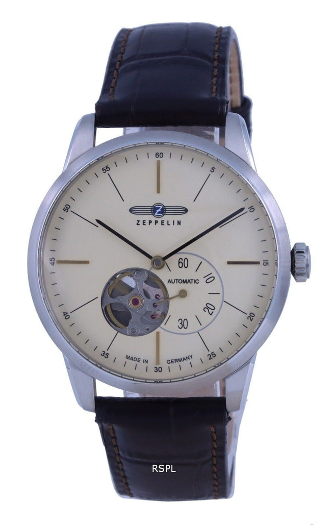 Zeppelin Flatline Open Heart Cream Dial Leather Strap Automatic 7364-5 73645 Mens Watch