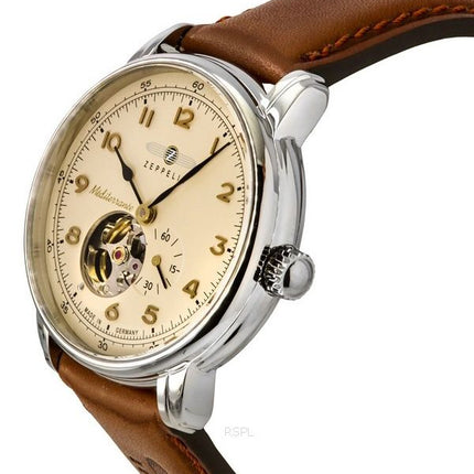 Zeppelin Mediterranee Leather Strap Open Heart Beige Dial Automatic 96665 Men's Watch