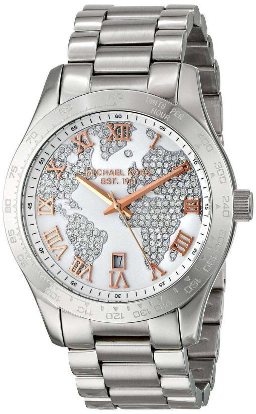 Michael Kors Layton Engraved Map Crystal Pave Dial MK5958 Womens Watch