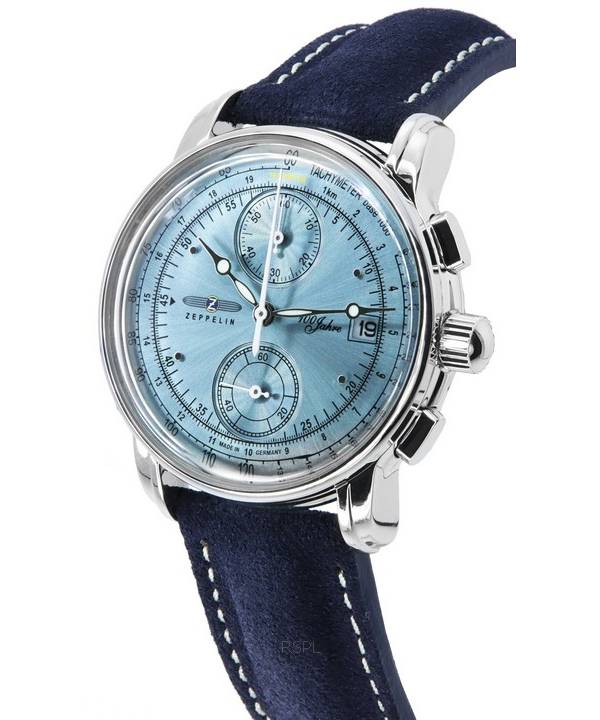 Zeppelin 100 Jahre Chronograph Leather Strap Ice Blue Dial Quartz 86704  Men's Watch