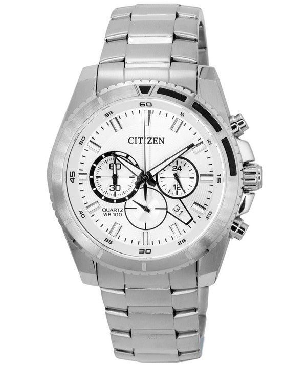 Citizen Chronograph Stainless Steel ZetaWatches AN8200-50A Watch Quartz Silver Dial - Men\'s 100M