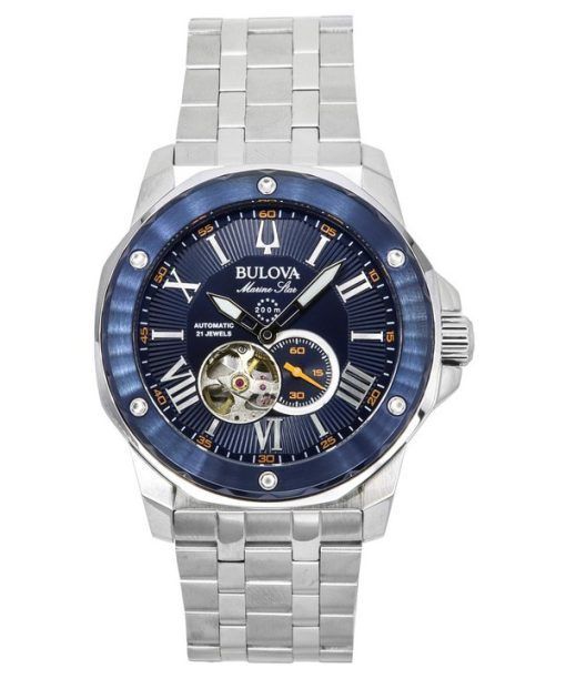 Bulova Marine Star Stainless Steel Open Heart Blue Dial Automatic 21 Jewels 98A302 200M Mens Watch