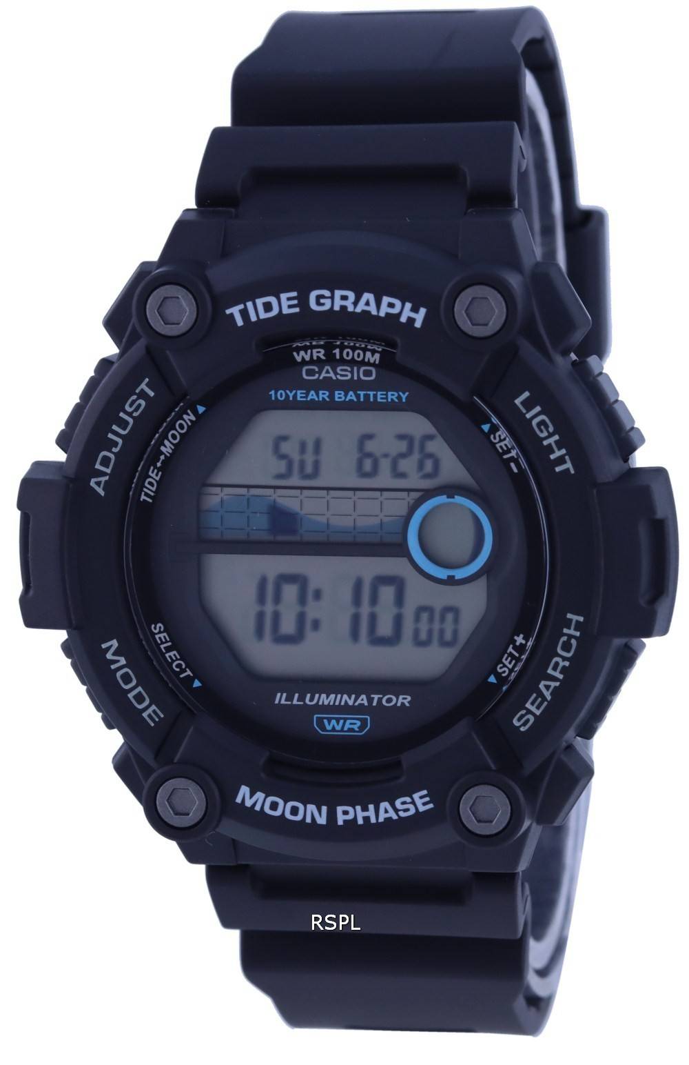 Casio Youth Digital Moon ZetaWatches Watch - 100M WS-1300H-1A Tide WS1300H-1 Graph Men\'s Data