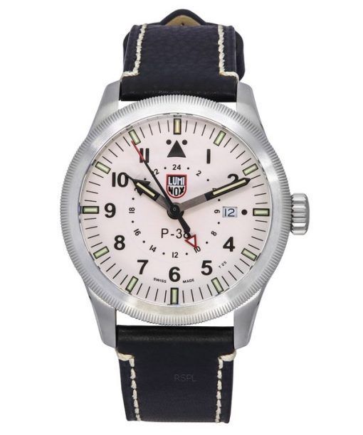 Luminox Air Pilot P-38 Lightning GMT Black Leather Strap White Dial Quartz XA.9527 100M Men's Watch