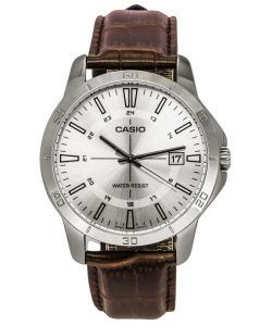 Casio Standard Analog Brown Leather Strap Silver Dial Quartz MTP-V004L-7C Mens Watch