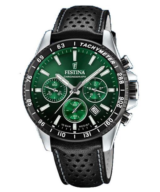 Festina Timeless Chronograph Leather Strap Green Dial Quartz F20561-5 100M Mens Watch