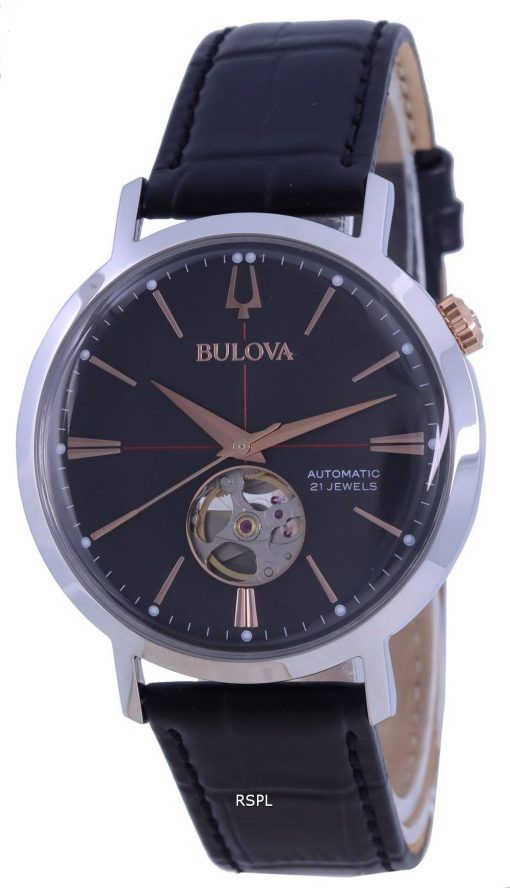 Bulova Classic Open Heart Grey Dial Leather Strap Automatic 98A187 Men's Watch