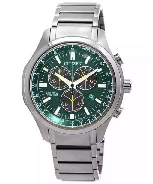 Citizen Eco-Drive Super Titanium Chronograph Green Dial AT2530-85X 100M Men's Watch