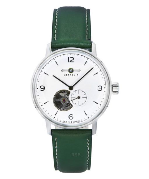 Zeppelin LZ129 Hindenburg Green Leather Strap Open Heart White Dial Automatic 80661N Men's Watch