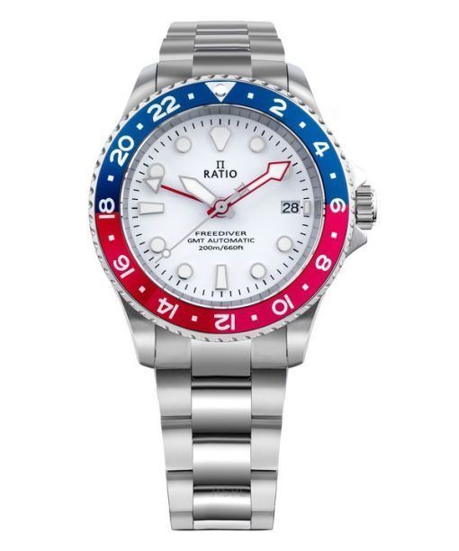 Ratio FreeDiver GMT Series Sapphire Stainless Steel White Dial Blue Red Pepsi Bezel Automatic RTF061 200M Men's Watch