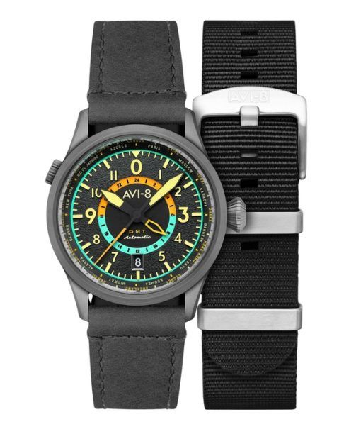 AVI-8 Flyboy Wingman Worldtimer GMT Tropical Grey Dial Automatic AV-4120-04 Men's Watch With Extra Strap