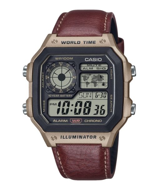 Casio Standard Digital World Time Leather Strap Quartz AE-1200WHL-5AV 100M Men's Watch