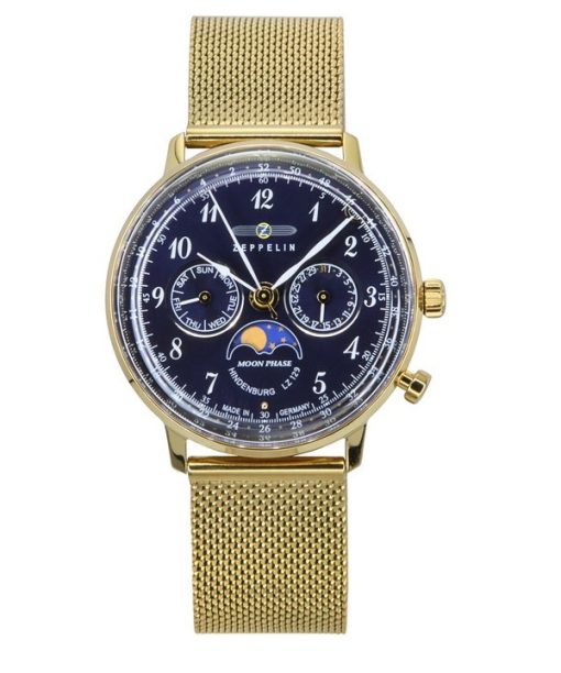 Zeppelin LZ 129 Hindenburg Moon Phase Gold Tone Stainless Steel Blue Dial Quartz 7039M2 Men's Watch