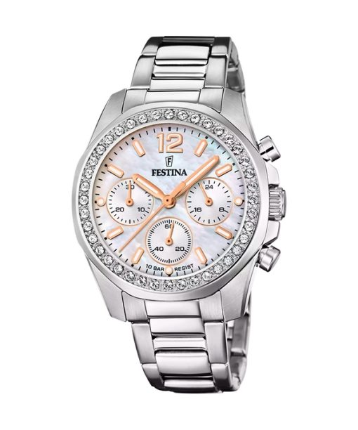 Festina Rainbow Chronograph Crystal Accents Mother Of Pearl Dial Quartz F20606-1 100M Women's Watch